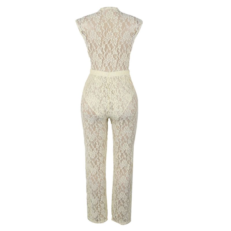 Elegante completo in pizzo da due pezzi: top trasparente aderente e pantaloni con elastico in vita per donna_voghion.com