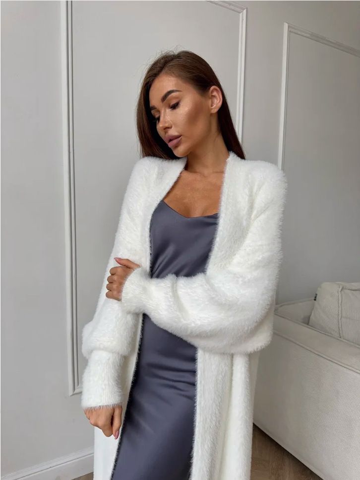 Faux Mink Knit Cardigan – Oversized Long Coat In Plush White (One Size, 100-120cm Length Options)_voghion.com