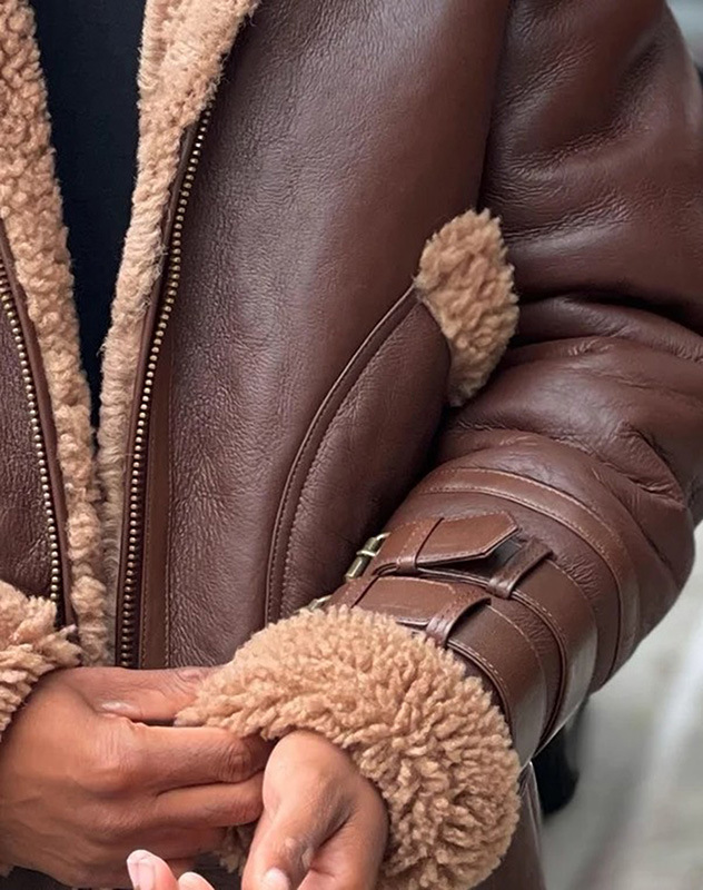 Men's brown double collar belt buckle with fleece thickened men's leather coat_voghion.com