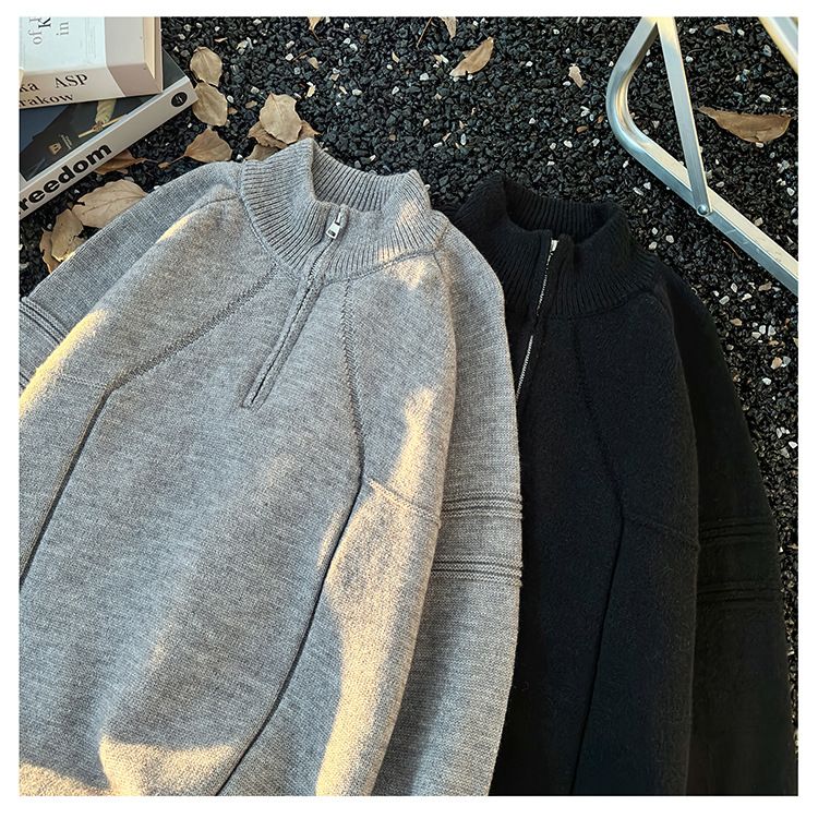 Herrenpullover mit halbem Reißverschluss und hohem Kragen – warmer und stylischer Strickpullover für Teenager und Erwachsene, lockere Retro-Passform, Optionen in Schwarz und Grau_voghion.com