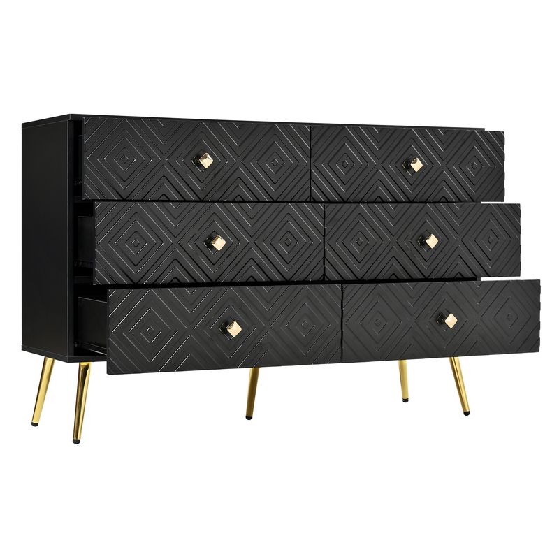 Kommode Schwarz 120x80cm Mit 6 Schubladen, Gold-Akzenten, Metallbeinen_voghion.com