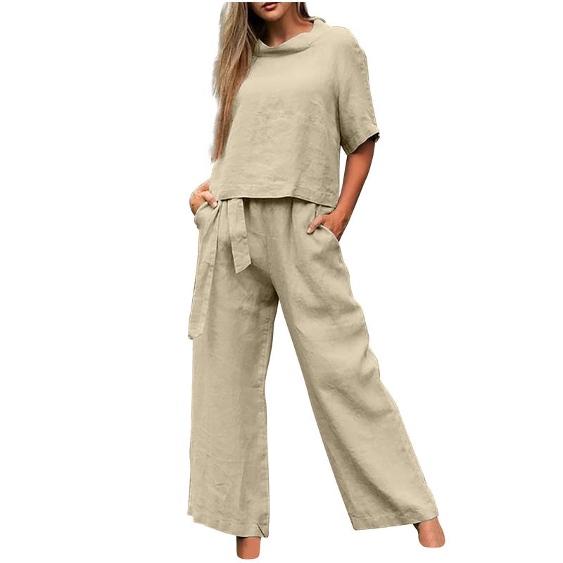Fraen nei Summer Kuerzärmel Ronn Hals Plus Size Dammekleeder Casual Zwee-Stéck Kostümer fir Fraen_voghion.com
