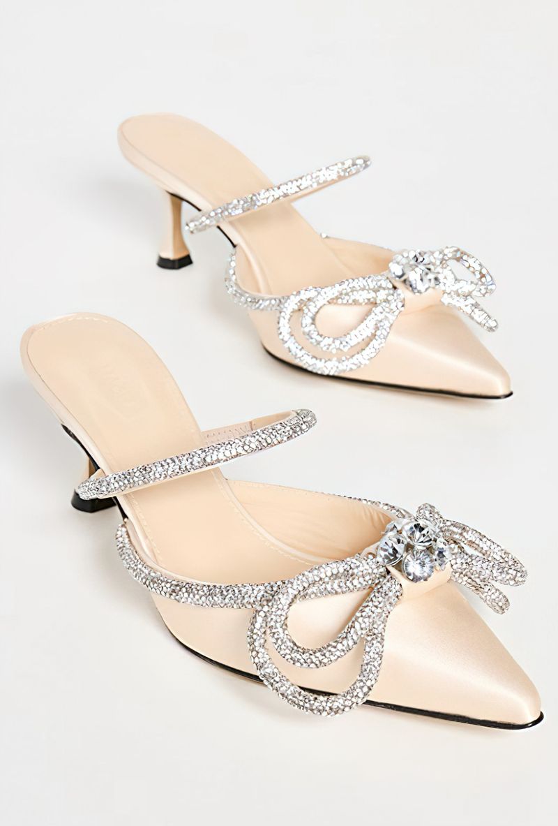 Schwarze Pantoletten mit Schleife und Strasssteinen und hohem Absatz für Damen – Slip-On-Sandalen mit spitzer Zehenpartie für Damen_voghion.com