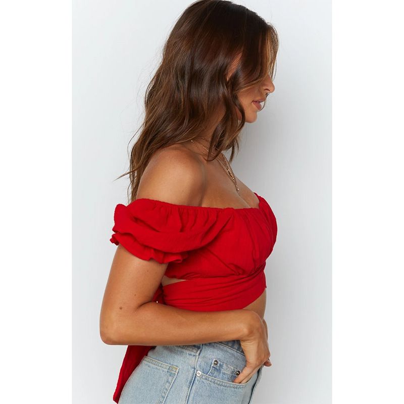 Nuovo top corto e sexy a pieghe con maniche a lanterna e cordone ombelicale da donna, piccolo e avvolgente_voghion.com