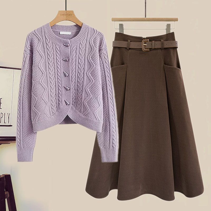 Vêtements pour femmes Automne élégant costume de réduction d'âge pour les femmes nouveau style paresseux mince pull tricoté jupe taille haute costume deux pièces_voghion.com