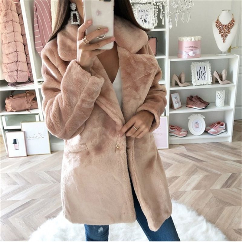 Women's Mid-length Solid Color Loose Plush Coat Imitation Fur Coat_voghion.com