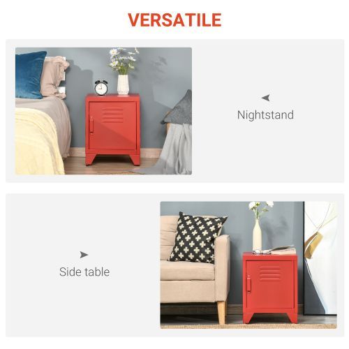 Industrial End Table, Living Room Side Table With Locker-Style Door And Adjustable Shelf, Red_voghion.com
