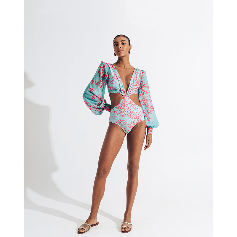 New sexy backless long sleeved bikini one piece high waisted lace up swimsuit for women bikini_voghion.com