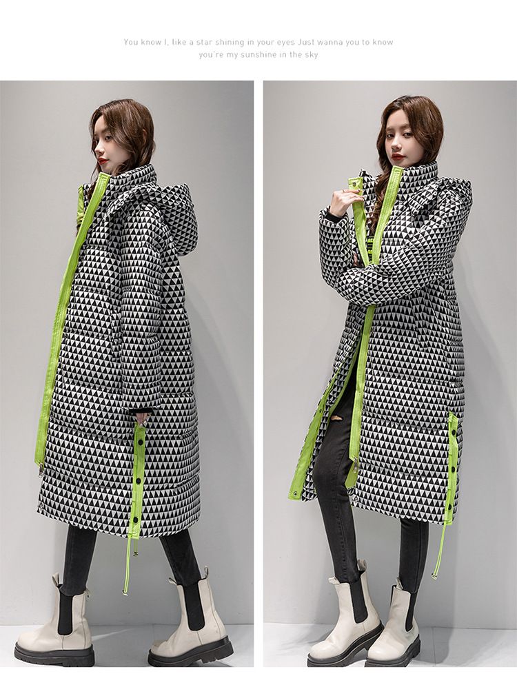 Women's Long Plaid Puffer Coat With Hood, Thickened Knee-Length Quilted Down Jacket For Winter, Oversized Casual Parka_voghion.com