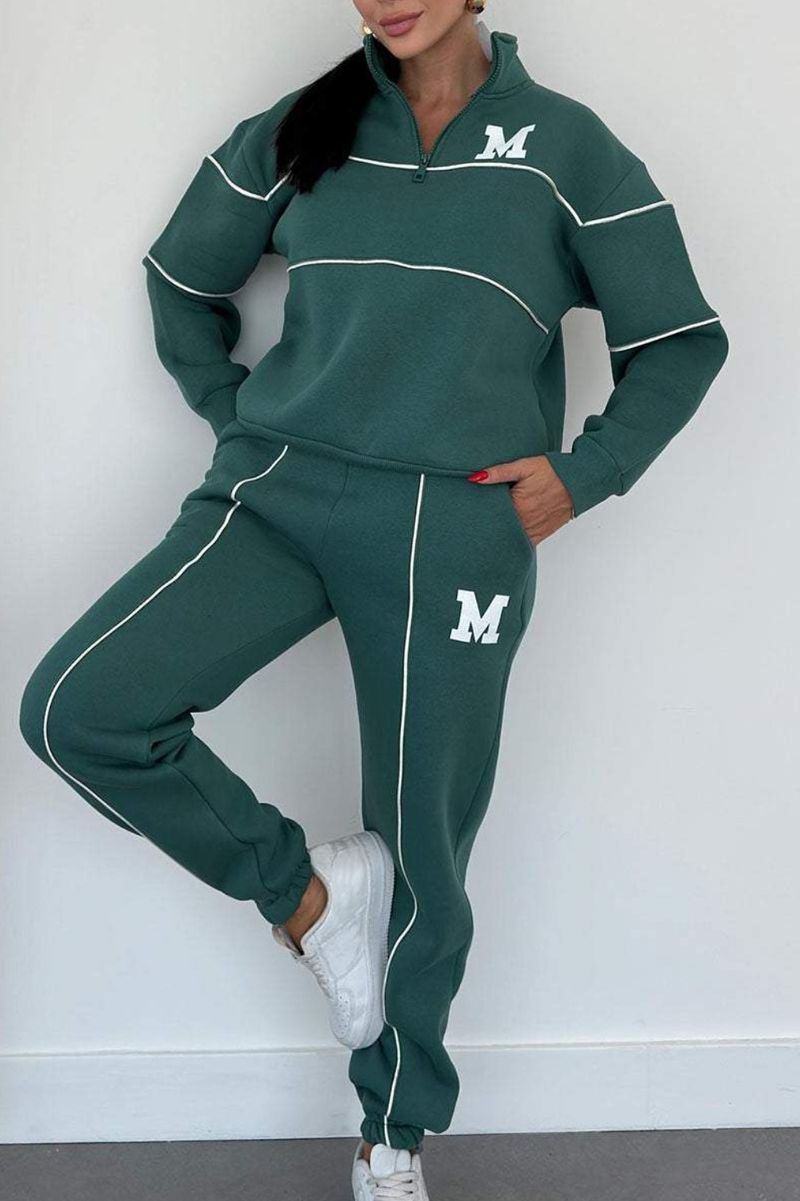 2025 Damen Sweatshirt Buchstaben Wärmeübertragung Ärmel Lange Hose Reißverschluss Lässiges Sport Zweiteiliges Set_voghion.com