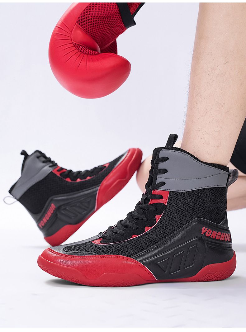 Chaussures de lutte mi-hautes pour hommes, chaussures de boxe professionnelles, antidérapantes et résistantes à l'usure, chaussures d'entraînement spéciales pour le combat, chaussures de Muay Thai Sanda_voghion.com