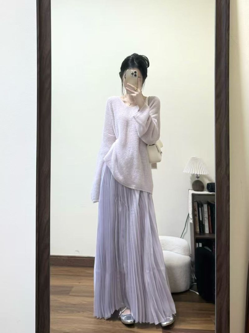 Pull en mohair à col V pour femme, coupe ample et flatteuse, manches longues, idéal pour le printemps._voghion.com