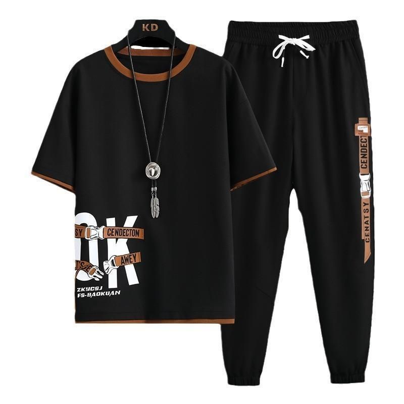 2025 Outfit estivo da uomo, per ragazzi, con maglietta a maniche corte, pantaloni sportivi, casual, studenti, eleganti, set da due pezzi alla moda_voghion.com