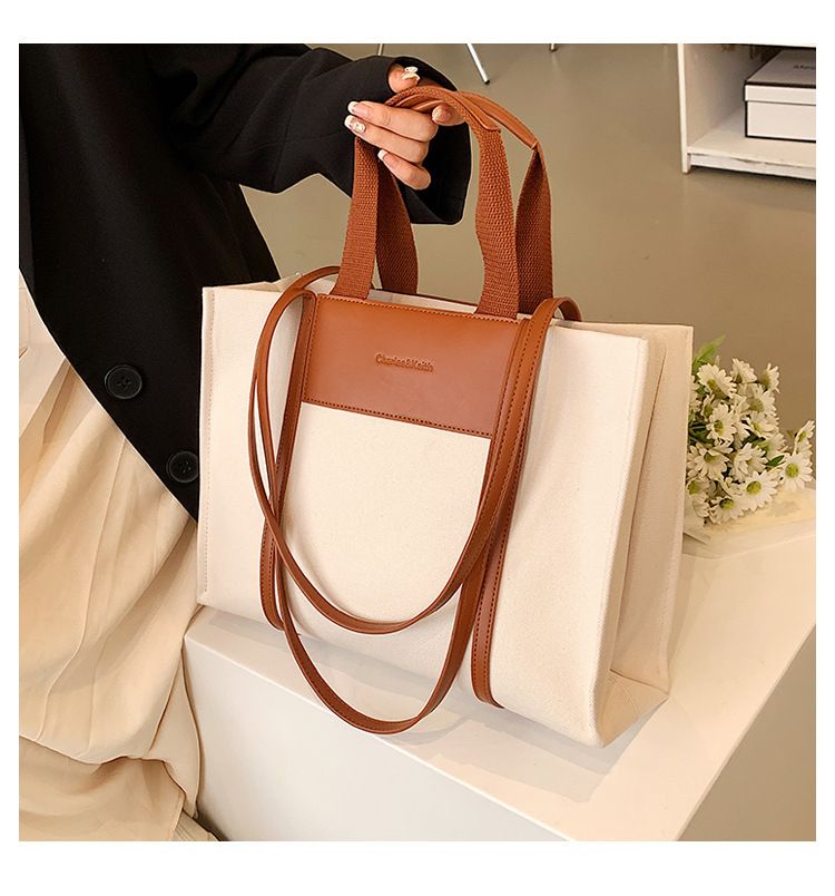 Borse tote da donna, semplici borse tote da donna con colori di tela a contrasto e tracolla singola di grande capacità._voghion.com