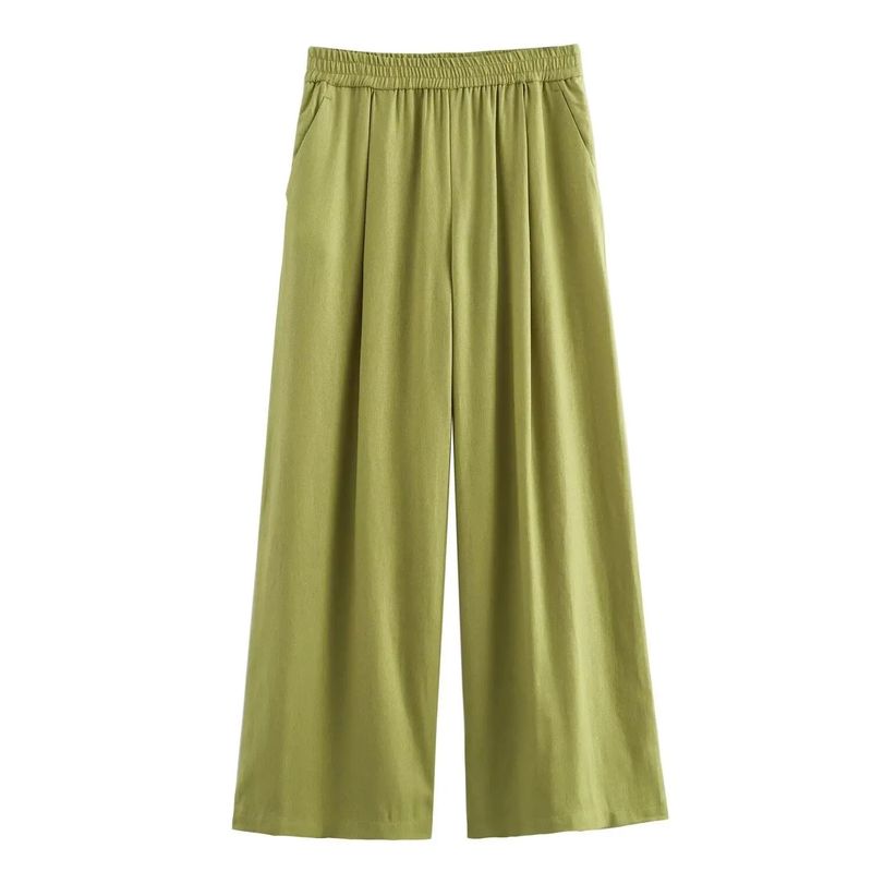 Moda 2024 Primavera Nuova Camicia Casual Sottile e Larga in Lino Elasticizzato, Pantaloni Lunghi Dritti, Completo da Donna_voghion.com