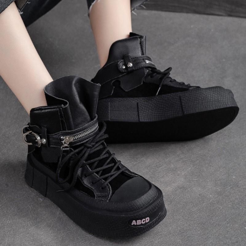 Johnature Retro Echt Lieder Kuerz Stiwwelen Damen Villsäiteg Déck Sohle Schnür-Flaach Plattform Schong_voghion.com