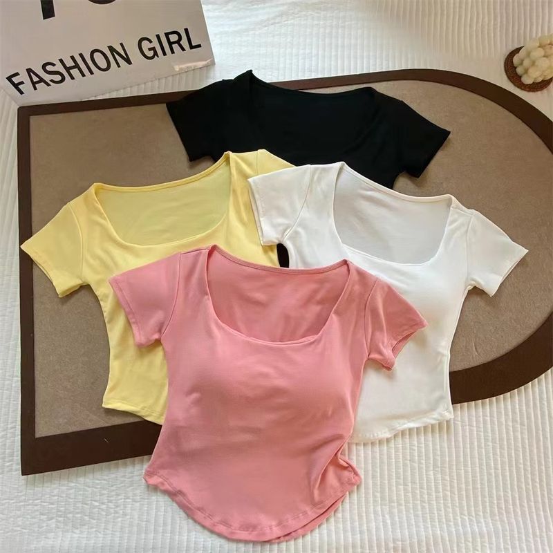Intimo da donna in cotone a maniche corte, stile semplice con imbottitura sul petto, maglietta corta a maniche corte da ragazza calda, top estivi versatili di nicchia_voghion.com
