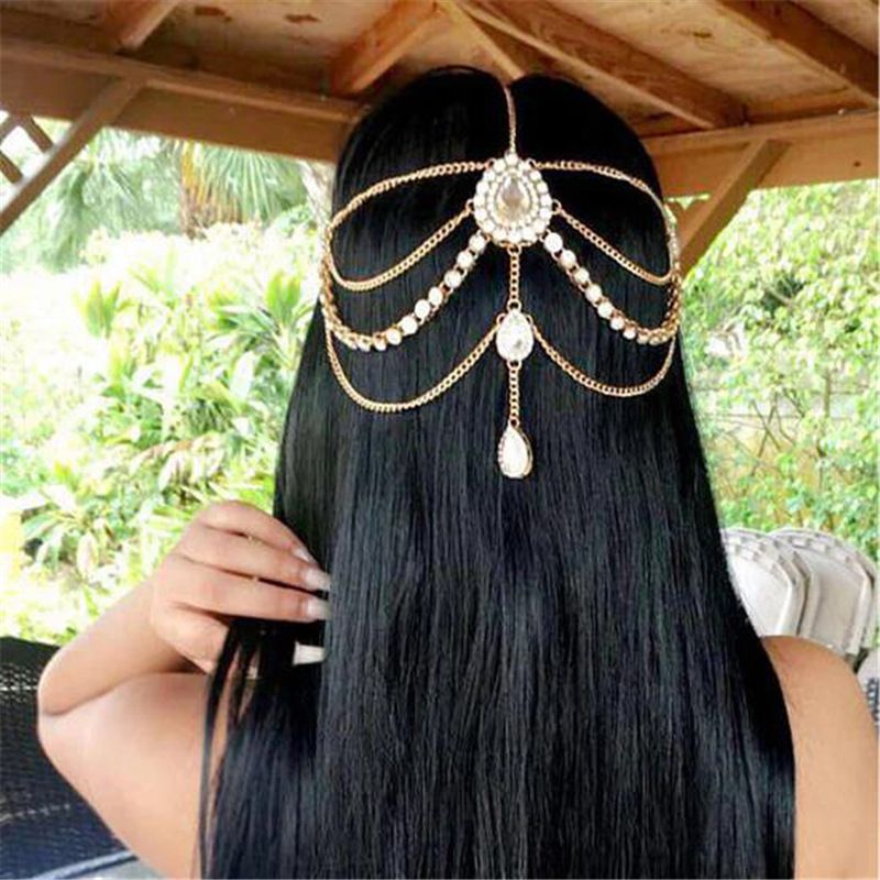 INS Fashion Multi layer Diamond Tassel Head Bohemian Style Women's Water Drop Pendant Forehead Chain Jewelry Hair_voghion.com