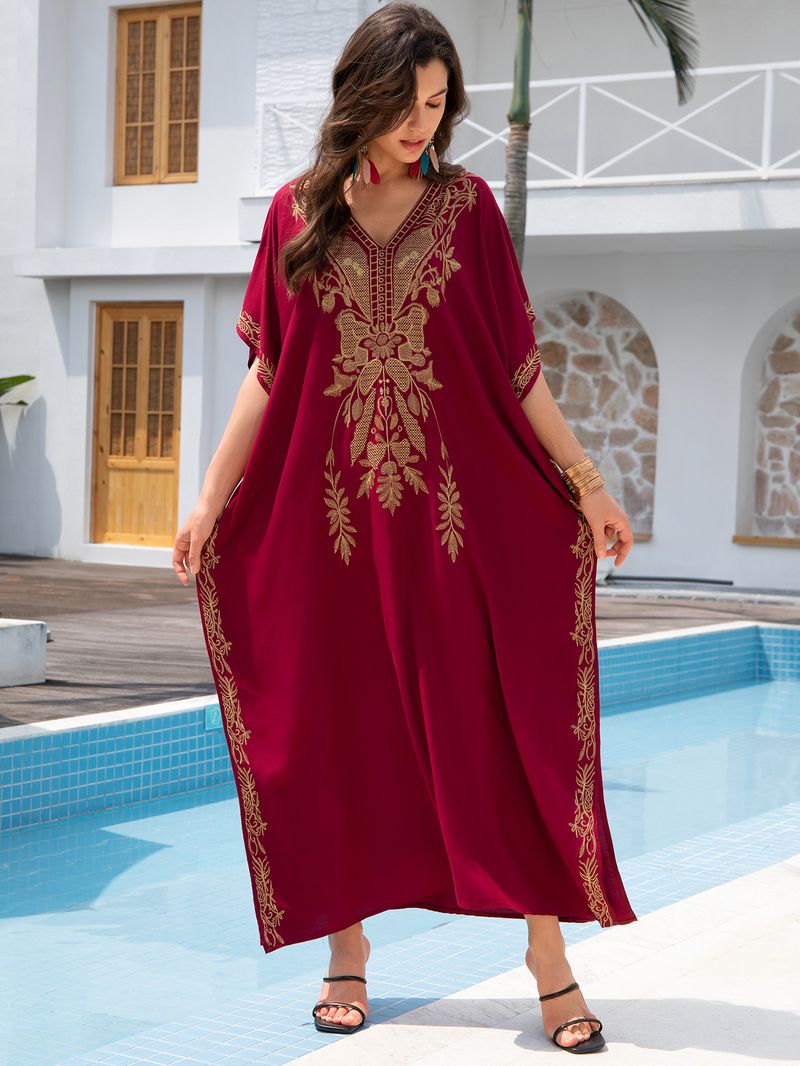 Copricostume da spiaggia da donna, in cotone, con ricami dorati, per le feste_voghion.com
