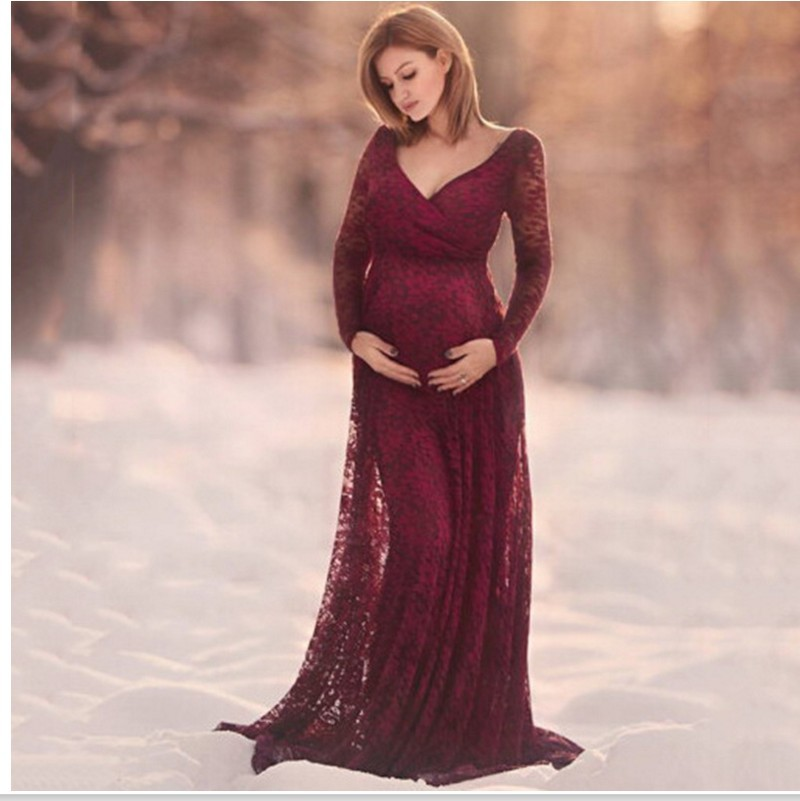 Abito da sera sexy casual da donna incinte con scollo a V profondo sul davanti e manica lunga in pizzo_voghion.com