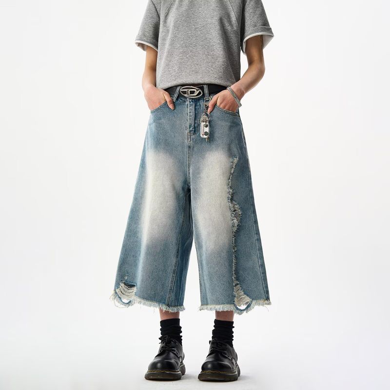 Pantaloncini in denim effetto consumato da uomo con rivetti e lavaggio a fulmini – Jeans casual alla moda, lunghezza 7/5, per l'estate (blu)_voghion.com