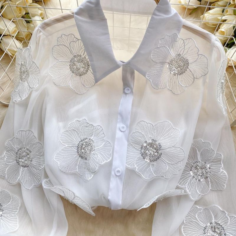 Dammekleeder Western-Stil Perlen-Pailletten-Dräidimensional Blummehemd fir Fraen Fréijoers-Nei-Modell Perspektiv-Mesh Franséisch Top_voghion.com