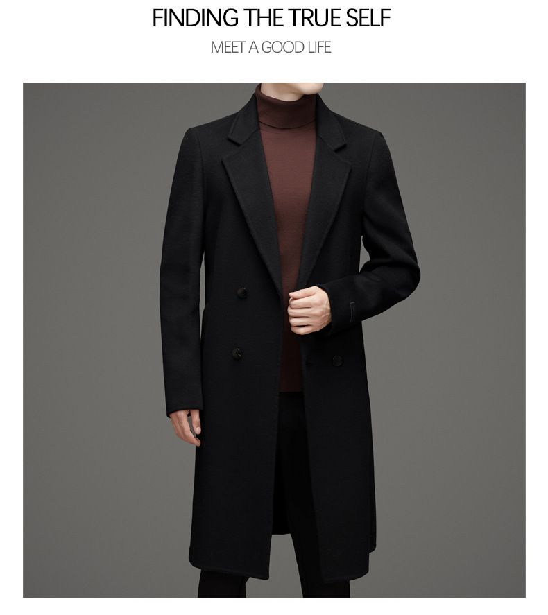 Men's 100% Pure Wool Double-Faced Overcoat – Knee-Length Trench Coat With Notched Lapel & Jacquard Detailing (170-195cm, Black)_voghion.com