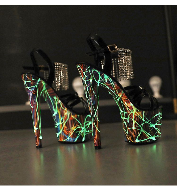 Sandali con tacco a spillo ultra alti impermeabili con plateau e strass, 1986 76, luminosi e fluorescenti, Speed Express, 20 cm_voghion.com