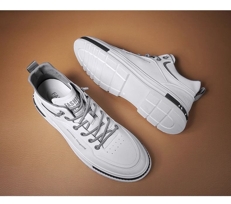 New men's casual slip-on leather shoes small white board high-top boots_voghion.com