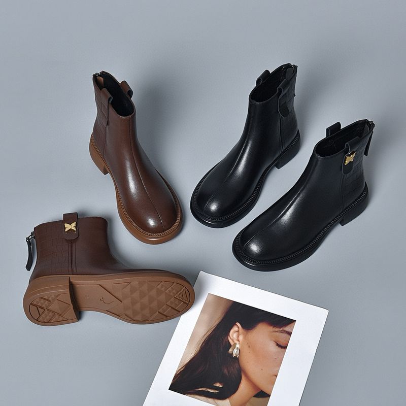 Ghete din piele pentru femei, cizme plate, simple, casual, cu fermoar la spate, cu cap rotund, cizme din bumbac cu fleece_voghion.com