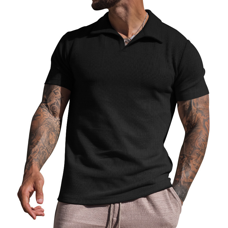 Polo da uomo con scollo a V casual tinta unita a manica corta con risvolto_voghion.com