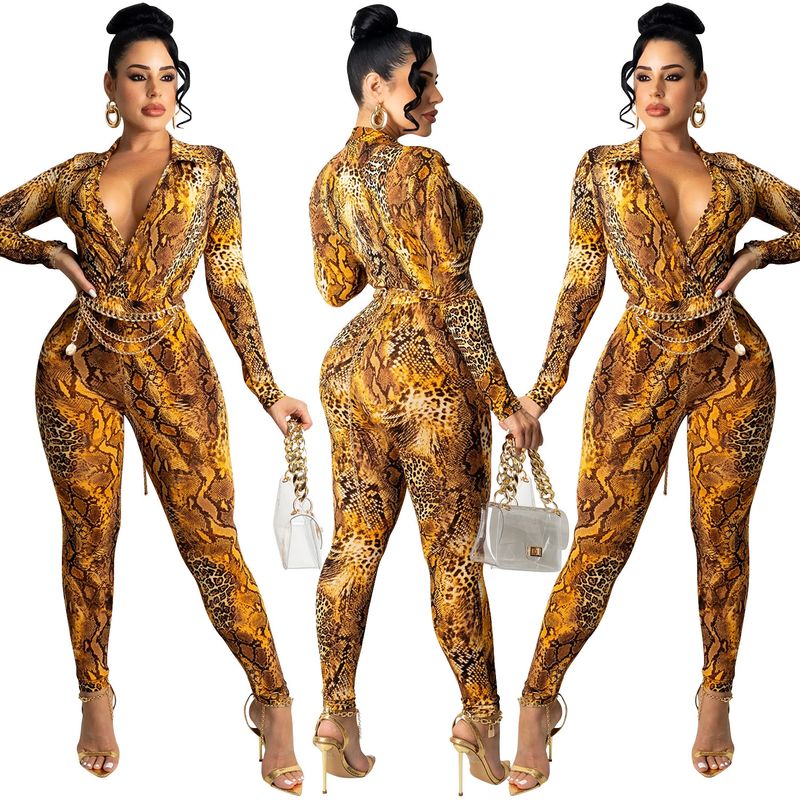 Set aus Oberteil und Hose mit V-Ausschnitt im Boho-Print – Fließendes Lounge-Ensemble mit langen Ärmeln (Gelb/Braun/Schlangenmuster, S-XXL)_voghion.com