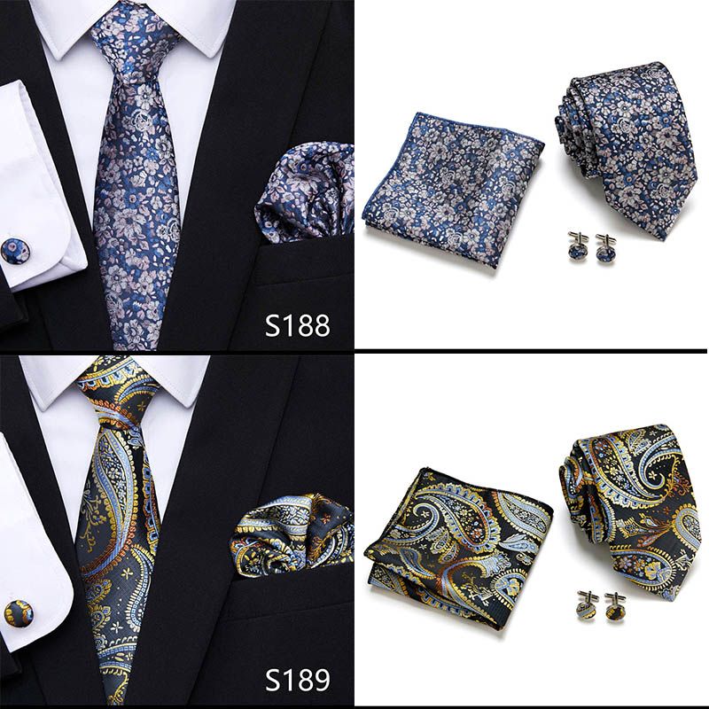 Jacquard Nuovo Design Festivo Regalo Cravatta Fazzoletto Gemelli Set Cravatta Uomo Plaid Camicia Gialla Accessori_voghion.com