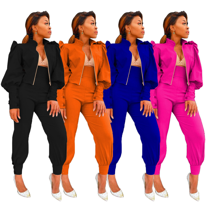 Damenbekleidung Mode Persönlichkeit Design Sinn für einfarbige Blase Ärmel Reißverschluss hoch taillierte Hose zweiteiliger Anzug_voghion.com