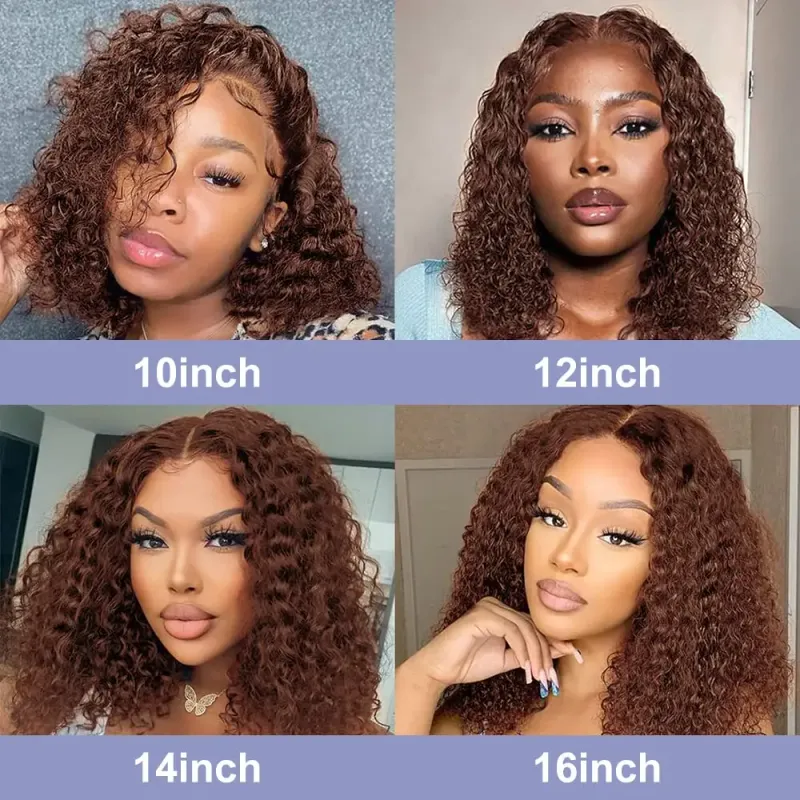 Peluca corta Bob color marrón chocolate con ondas profundas y encaje frontal para mujer, pelucas frontales de encaje transparente HD de 16 pulgadas_voghion.com