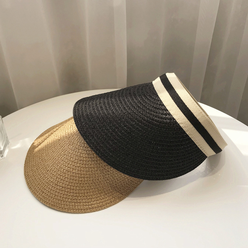 Cappello da sole con parte superiore cava in paglia per donna, per riporre oggetti in estate, per ombreggiare e per ciclismo all'aperto, colla nera, protezione UV_voghion.com