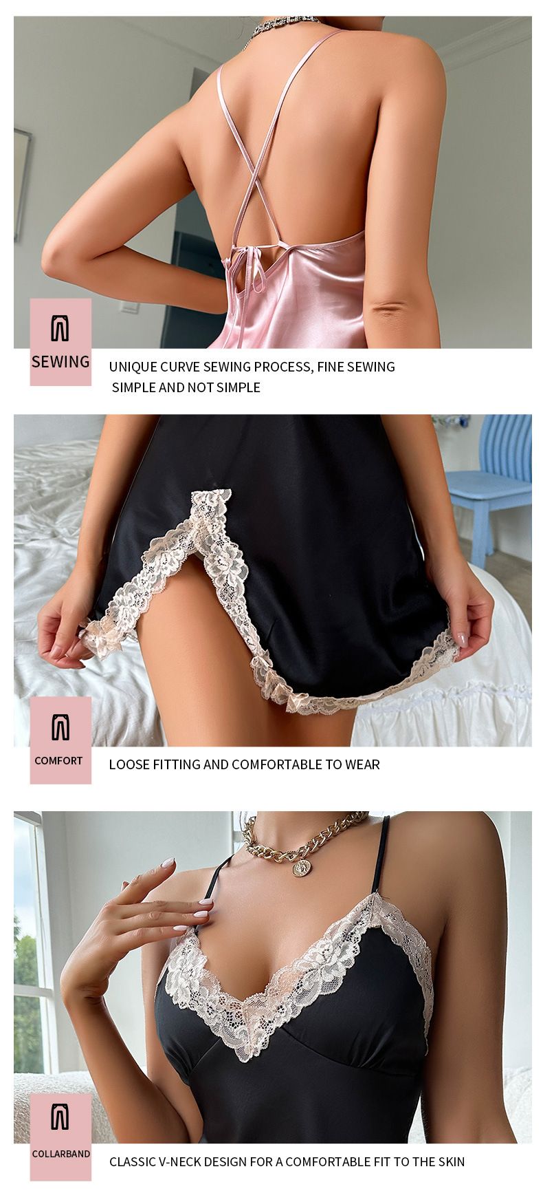 Simulated Silk Sexy Nightdress Spring Summer Comfortable Strap Nightgown Women's Fashion Homewear_voghion.com