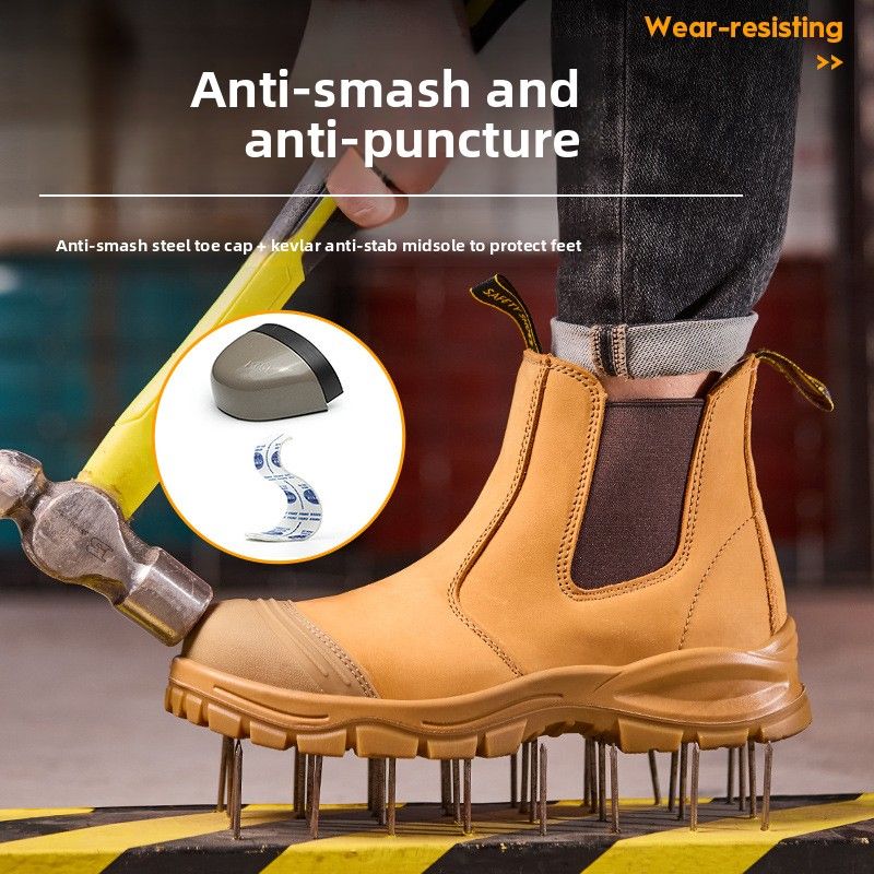 Men Special Work Shoes High-End With Cowhide Leather Upper, Anti-Smash And Anti-Puncture Steel Toe, Mid-Top Slip-On Men's Safety Shoes For Work_voghion.com