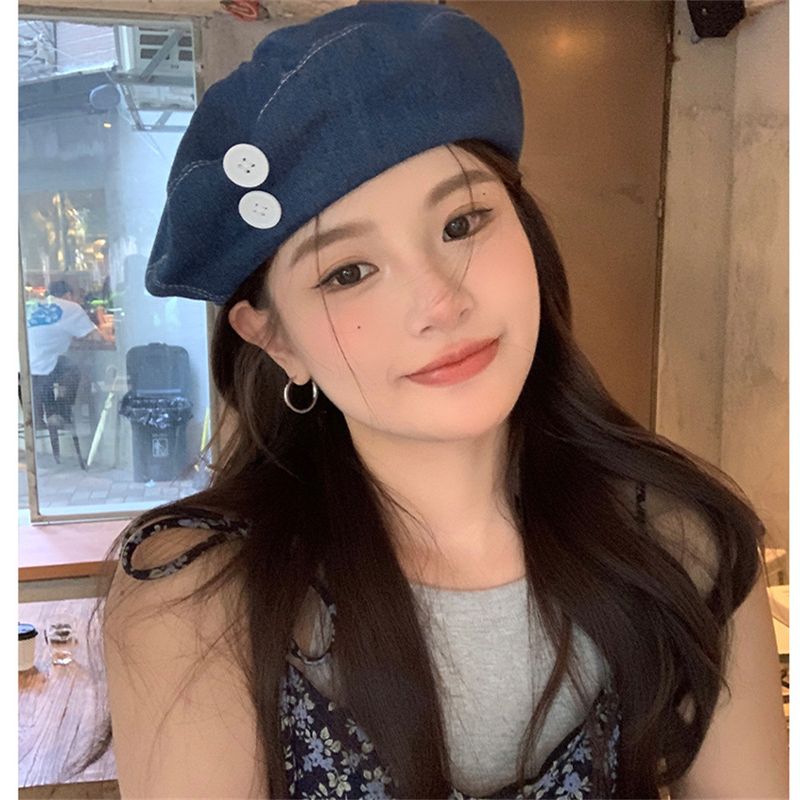 Denim für Frauen Koreanische Version Vielseitige Knopf Baskenmütze Künstler Nischendesign Großer Kopfumfang Hut Gesicht Abnehmen_voghion.com