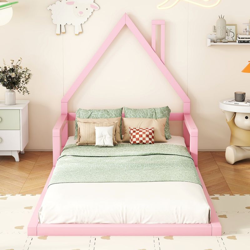 Kinderbett 90x200cm In Hausform, Massivkiefer, Rosa_voghion.com