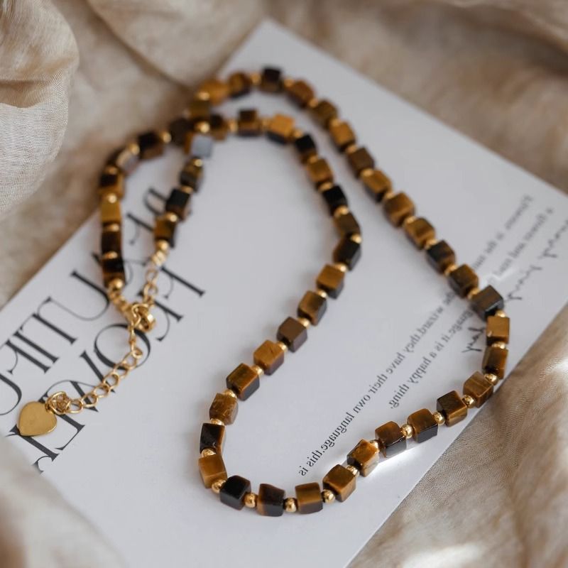 Collana con perline in pietra occhio di tigre retrò da donna, girocollo a strati con perline quadrate geometriche, pezzo importante in pietra preziosa naturale marrone resistente allo sbiadimento_voghion.com