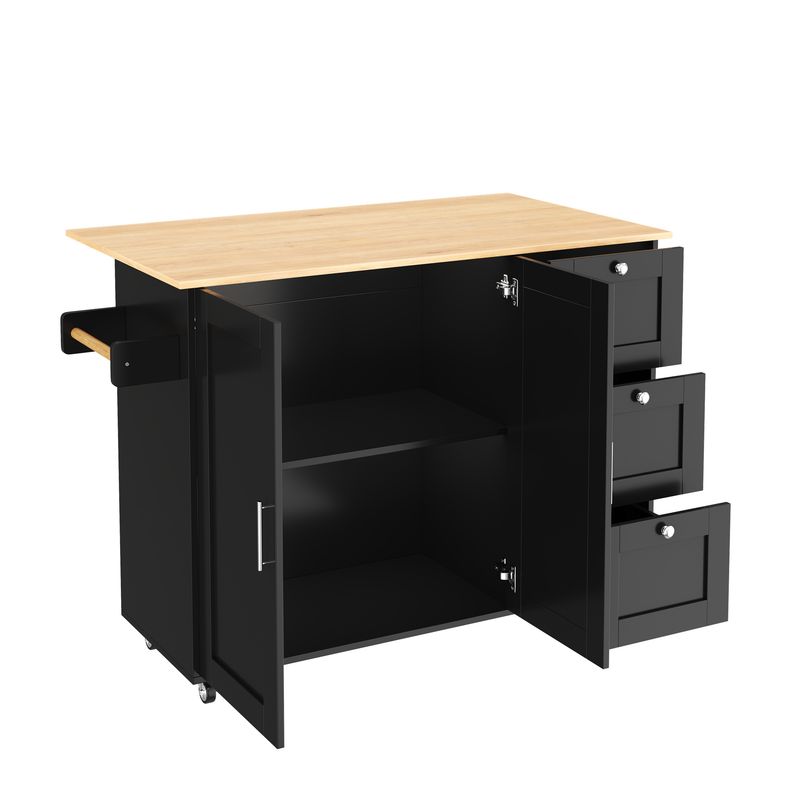 Mobiler Küchentisch Eichenholz, Klappbar, 3 Schubladen, Handtuchhalter 135x90cm_voghion.com