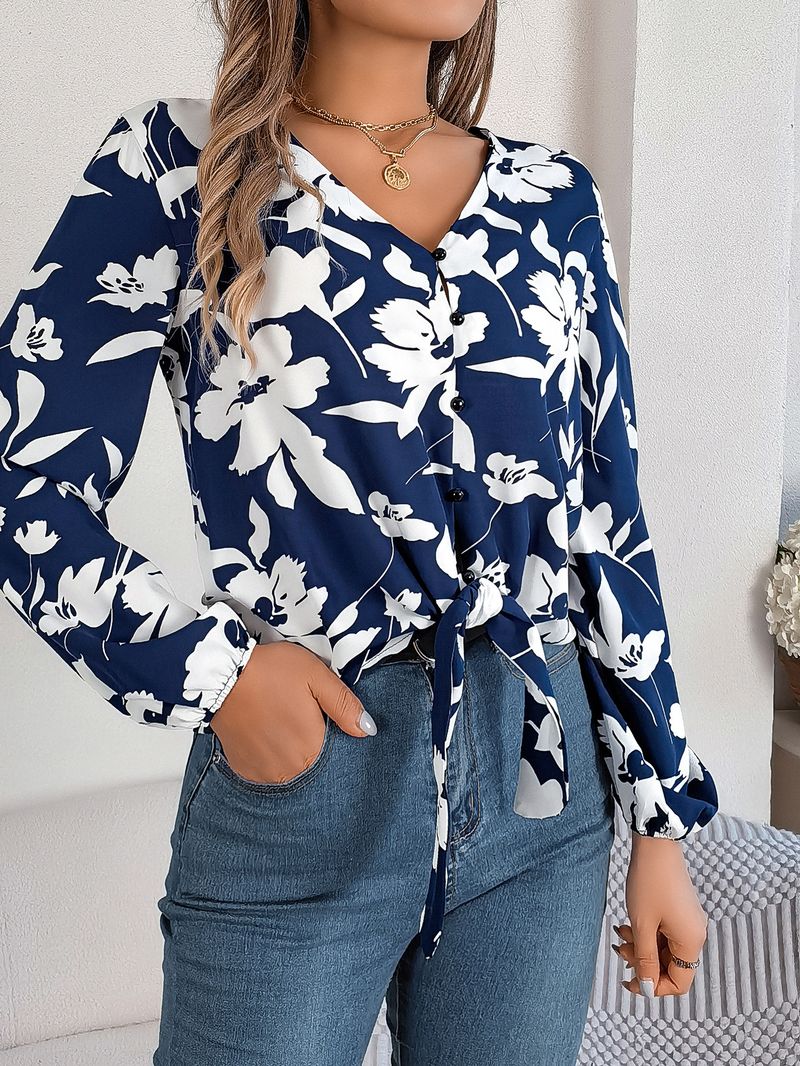 2025 Autumn Winter Casual Color-Block Floral Lantern Sleeve Tie Chiffon Blouse Women's Fashion_voghion.com