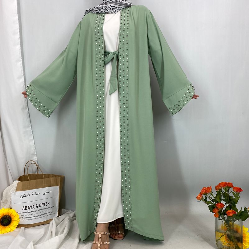 Neueste muslimische Abaya islamische Mode Frauen Perlen Kimono Robe bescheidenes Kleid lange elegante Strickjacken Kleidung vorne offen Abaya_voghion.com
