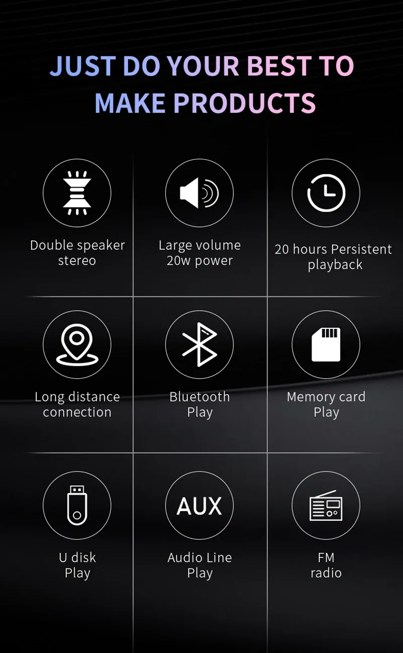 Haut-parleur Bluetooth portable, amplificateur audio radio extérieur, barre de son étanche, colonne U disque, caisson de basses sans fil, lumière LED_voghion.com