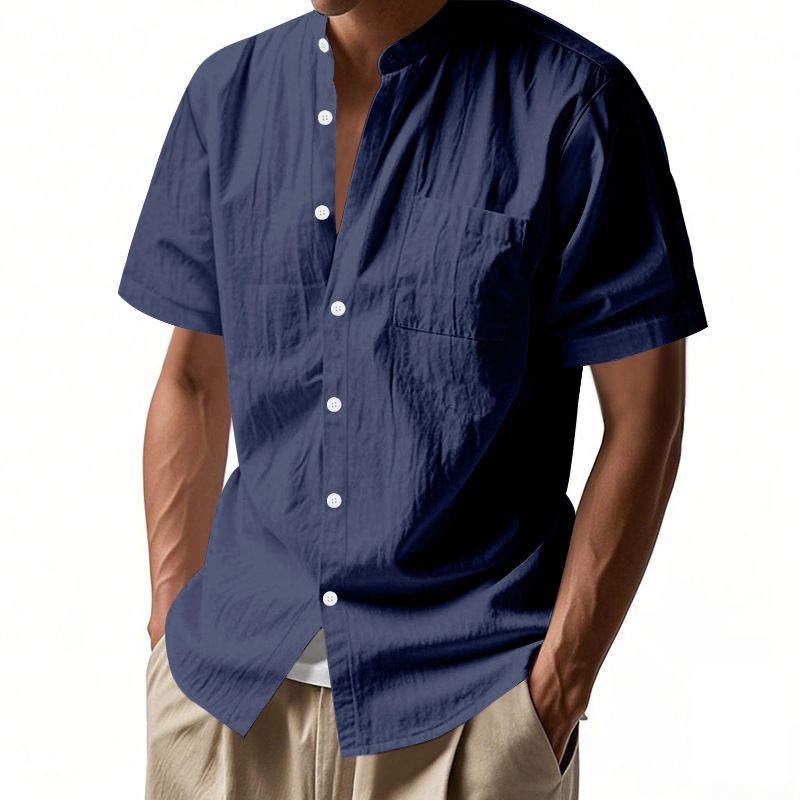 Camisa de lino de manga corta para hombre, nueva, de color liso, con cuello alto y bolsillo, holgada, informal_voghion.com