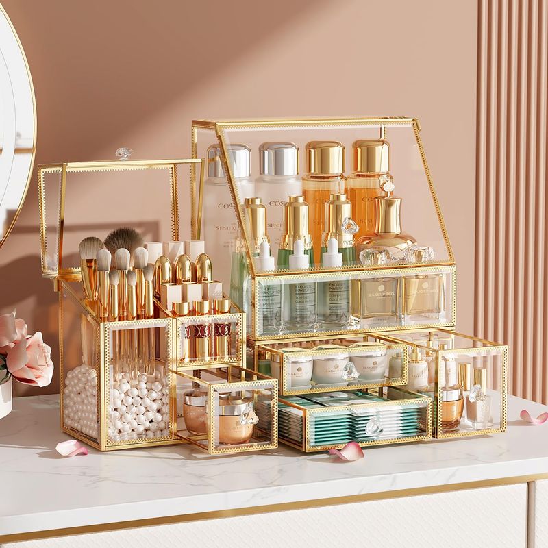 Coral House Glas multifunktional mit transparenter Arbeitsplatte, High-End-Tisch-Make-up-Box, geeignet für Tische,_voghion.com