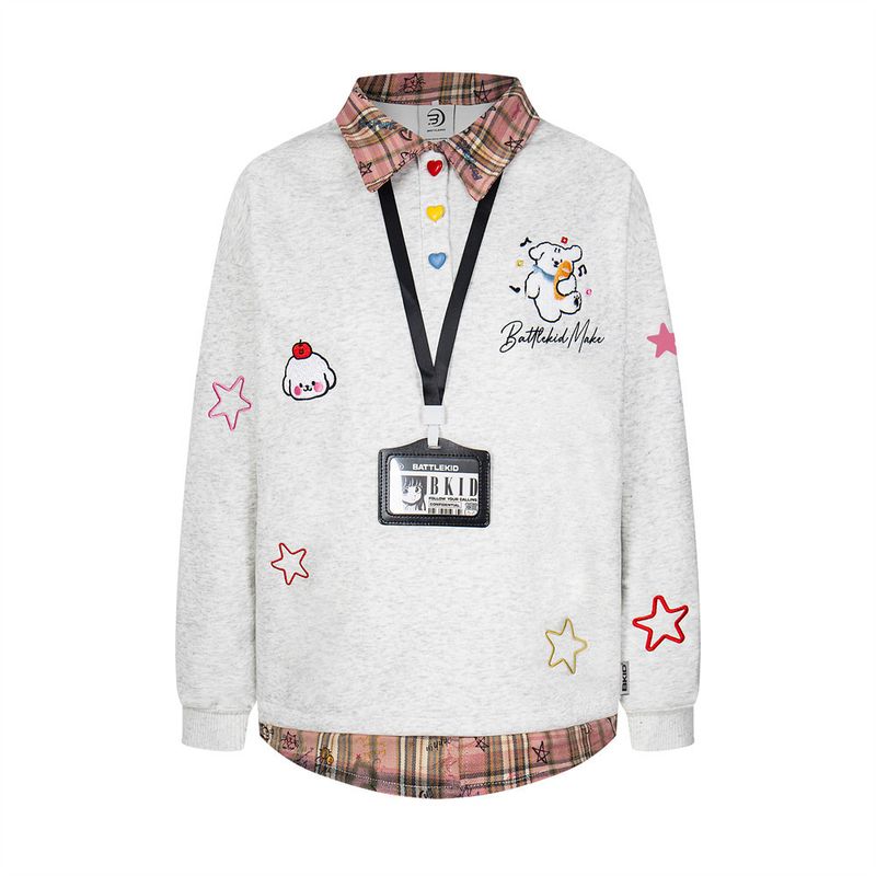 Felpa da uomo in due pezzi con colletto rovesciato, patchwork a quadri ricamato in stile college americano, primavera e autunno_voghion.com