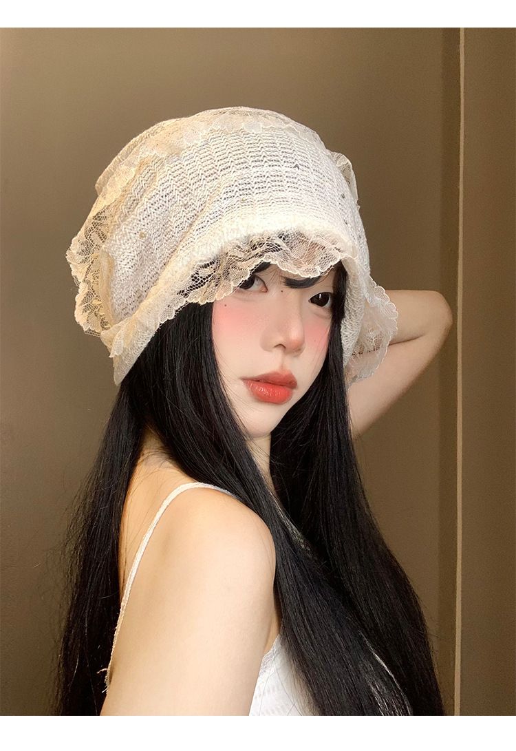 Lace Hollow Toe Cap For Women Spring And Summer Thin Breathable Large Head Circumference Pile Cap White Face Showing Small Pullover Cap_voghion.com