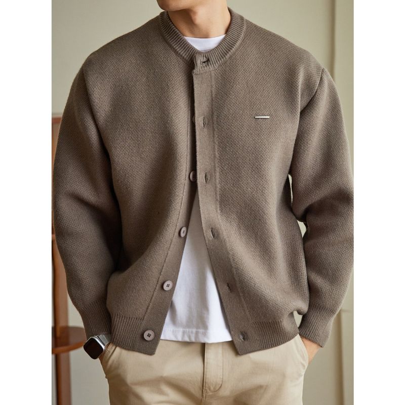 Herren-Strickjacke mit Baseballkragen – Übergroßer Freizeitpullover mit Zopfmuster (Schwarz, Grau, Khaki) – Streetwear-Essential für Herbst & Winter_voghion.com